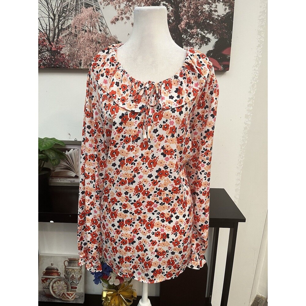Croft & Barrow Women’s Top Plus Blouse 2XL Floral Long Sleeve Ruffle Neck